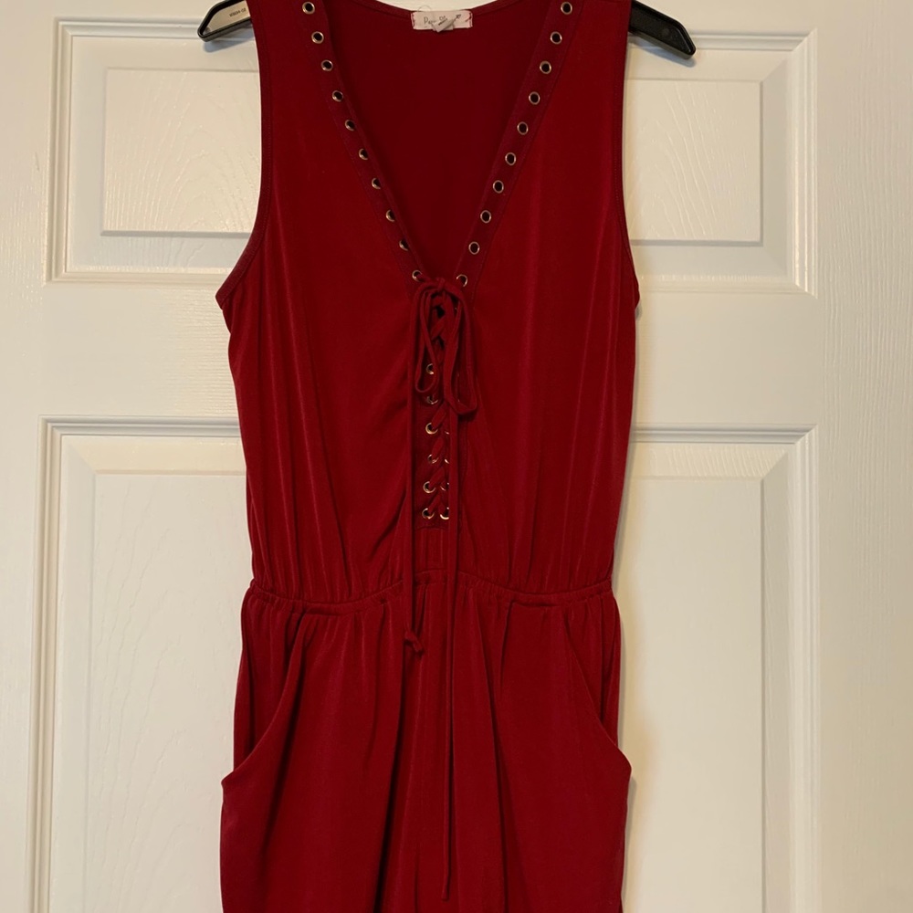 Red lace up romper